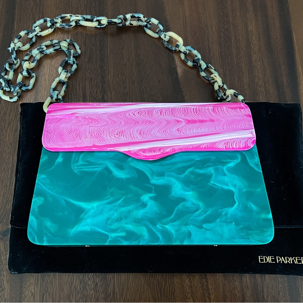 EDIE PARKER Malachite & Pink Acrylic Box Bag Tortoise Chain Hardbody Lady RARE - Picture 2 of 12